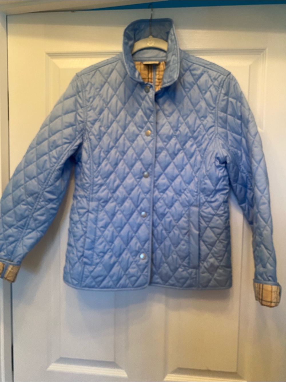LL Bean Light Blue Quilted Women's Riding Jacket - plaid lining XS